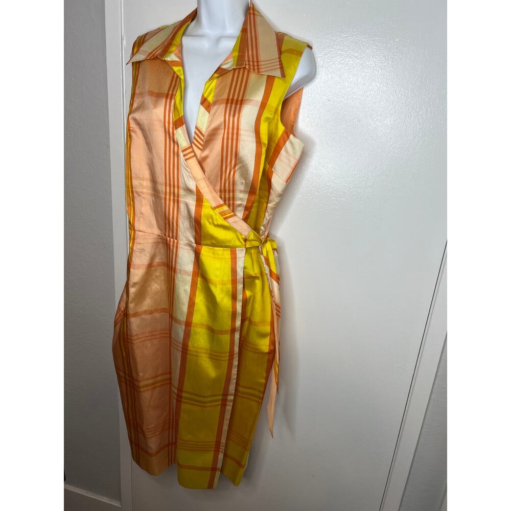 ICE Women's 100% Silk Sleeveless Plaid Wrap Dress Orange/Yellow ~ Size 14 - Picture 2 of 6
